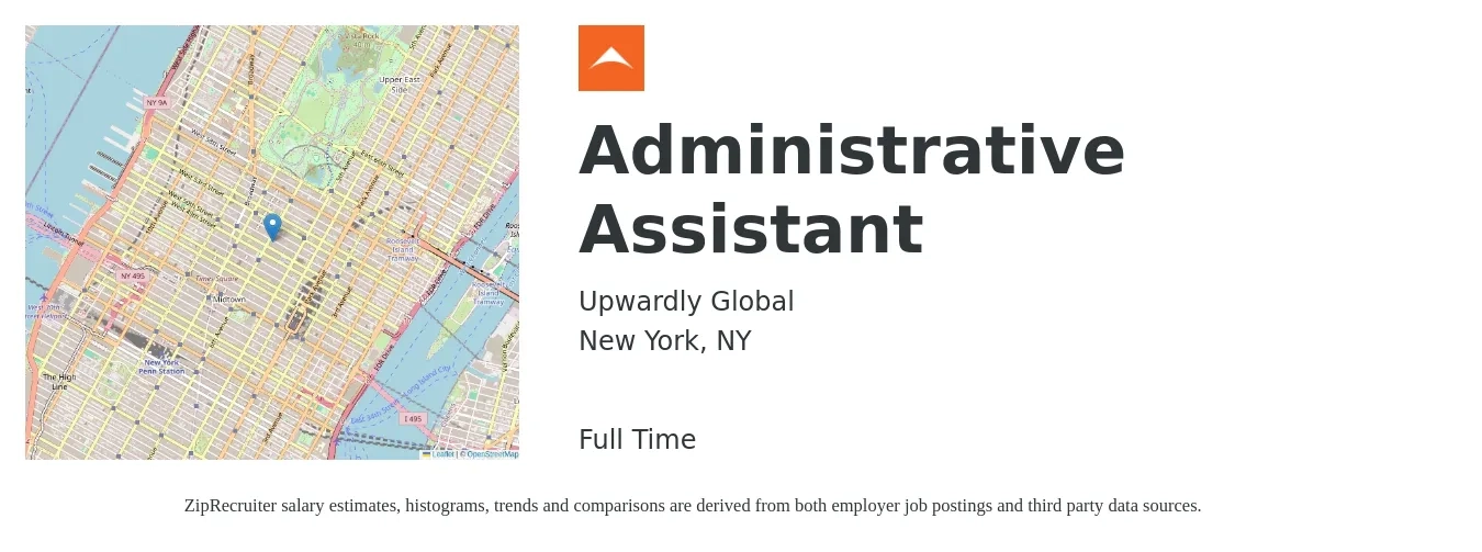 Upwardly Global job posting for a Administrative Assistant in New York, NY with a salary of $58,000 to $68,000 Yearly with a map of New York location.