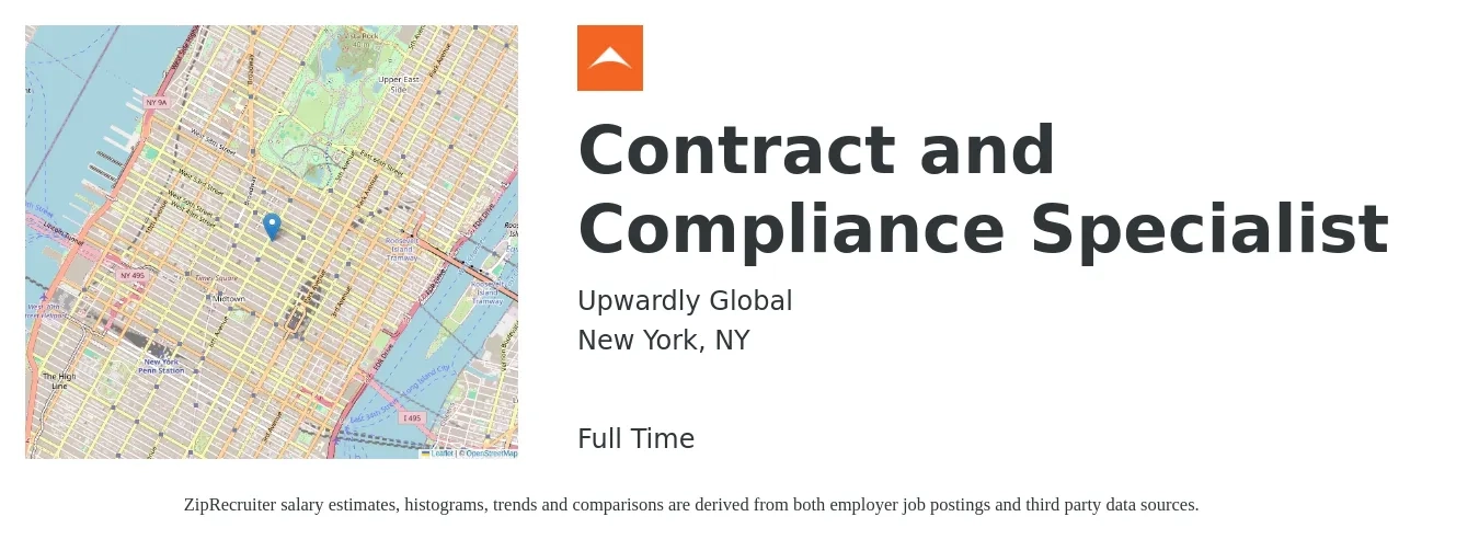 Upwardly Global job posting for a Contract and Compliance Specialist in New York, NY with a salary of $53,400 to $86,400 Yearly with a map of New York location.