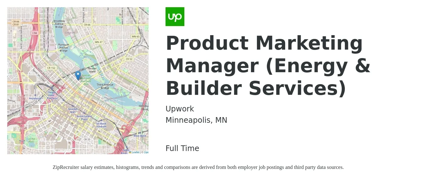 Upwork job posting for a Product Marketing Manager (Energy & Builder Services) in Minneapolis, MN with a salary of $160,700 Yearly with a map of Minneapolis location.