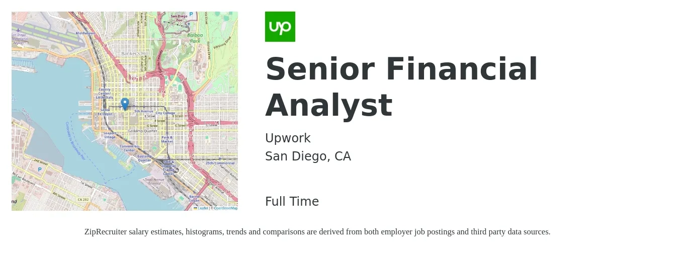 Upwork job posting for a Senior Financial Analyst in San Diego, CA with a salary of $90,800 to $113,100 Yearly with a map of San Diego location.