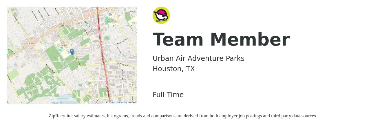Urban Air Adventure Parks job posting for a Team Member in Houston, TX with a salary of $12 to $15 Hourly with a map of Houston location.