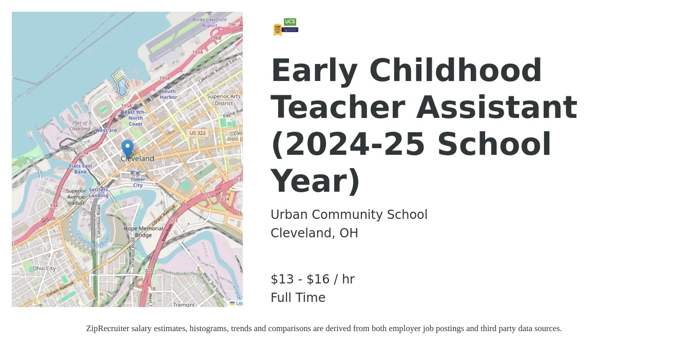 Urban Community School job posting for a Early Childhood Teacher Assistant (2024-25 School Year) in Cleveland, OH with a salary of $14 to $17 Hourly with a map of Cleveland location.