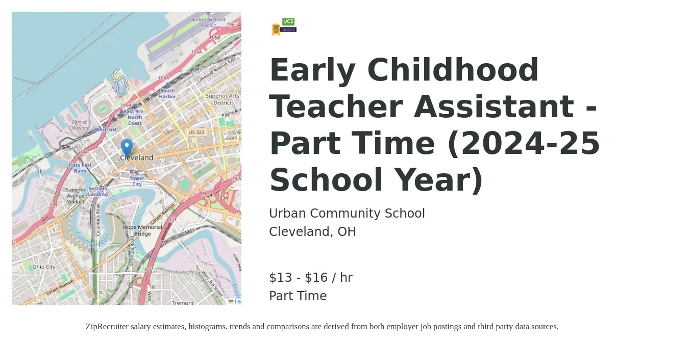 Urban Community School job posting for a Early Childhood Teacher Assistant - Part Time (2024-25 School Year) in Cleveland, OH with a salary of $14 to $17 Hourly with a map of Cleveland location.