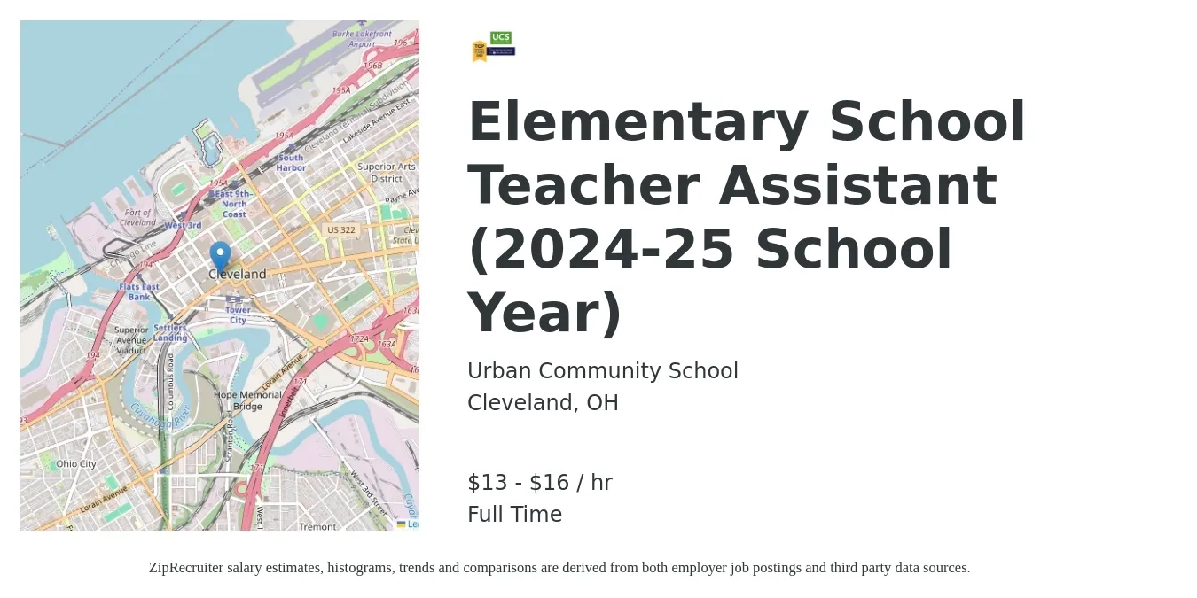 Urban Community School job posting for a Elementary School Teacher Assistant (2024-25 School Year) in Cleveland, OH with a salary of $14 to $17 Hourly with a map of Cleveland location.