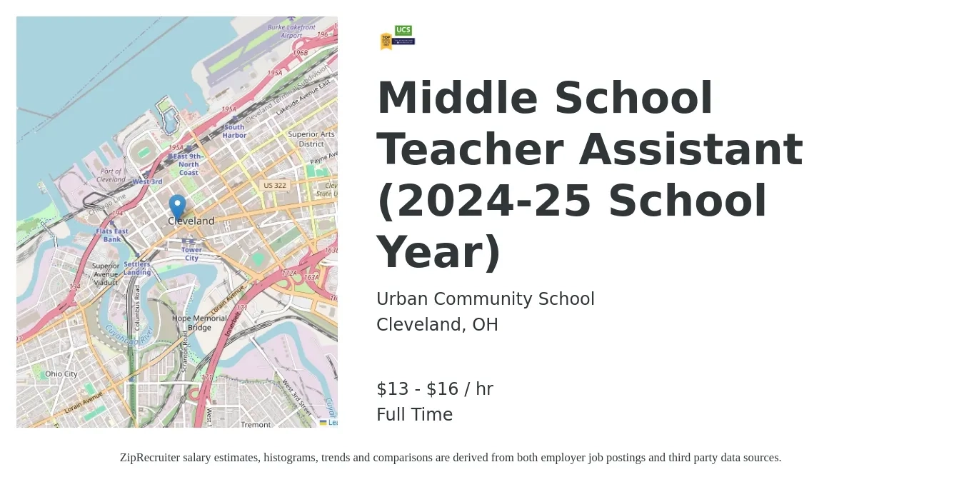 Urban Community School job posting for a Middle School Teacher Assistant (2024-25 School Year) in Cleveland, OH with a salary of $14 to $17 Hourly with a map of Cleveland location.