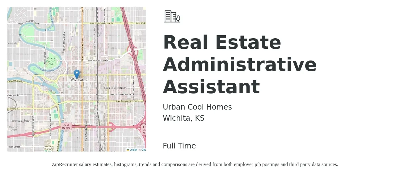 Urban Cool Homes job posting for a Real Estate Administrative Assistant in Wichita, KS with a salary of $32,200 to $42,900 Yearly with a map of Wichita location.
