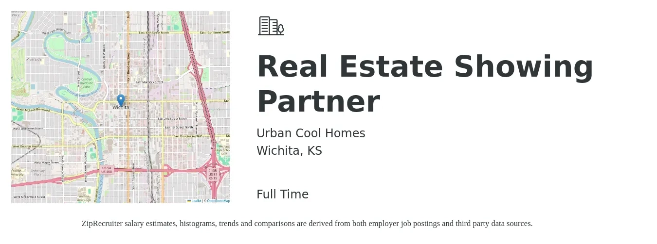 Urban Cool Homes job posting for a Real Estate Showing Partner in Wichita, KS with a salary of $53,700 to $89,500 Yearly with a map of Wichita location.