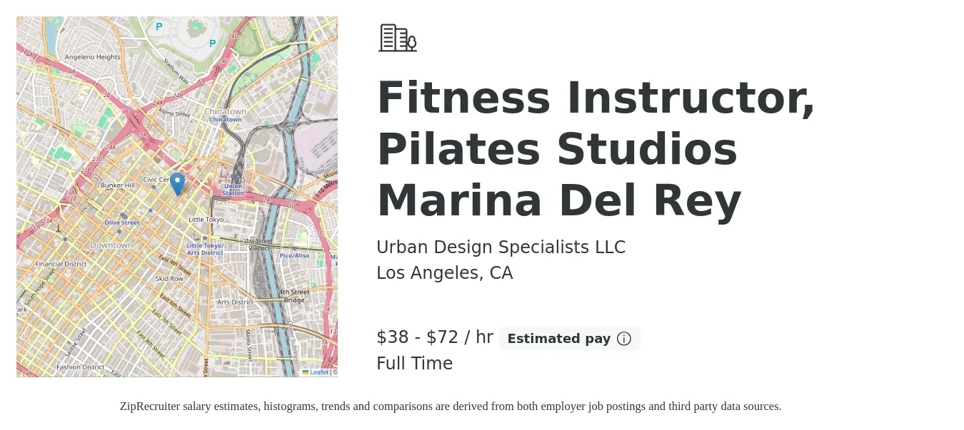 Urban Design Specialists LLC job posting for a Fitness Instructor, Pilates Studios Marina Del Rey in Los Angeles, CA with a salary of $40 to $75 Hourly with a map of Los Angeles location.