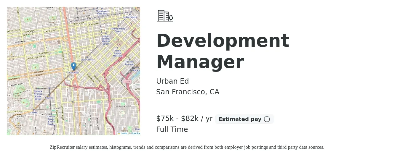 Urban Ed job posting for a Development Manager in San Francisco, CA with a salary of $75,000 to $82,000 Yearly with a map of San Francisco location.
