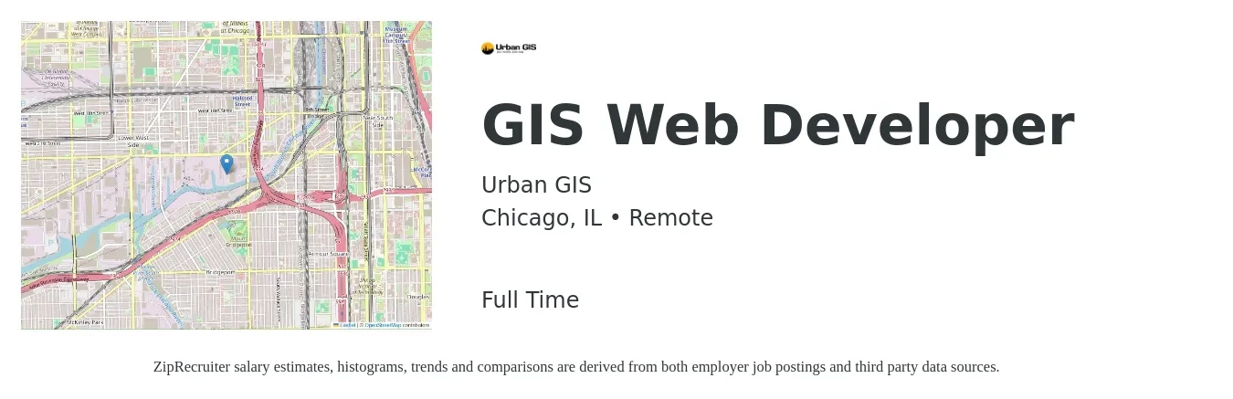 Urban GIS job posting for a GIS Web Developer in Chicago, IL with a salary of $22,700 to $53,100 Yearly with a map of Chicago location.