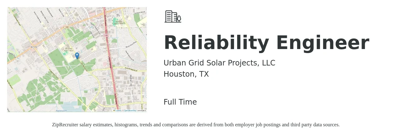 Urban Grid Solar Projects, LLC job posting for a Reliability Engineer in Houston, TX with a salary of $97,900 to $123,200 Yearly with a map of Houston location.