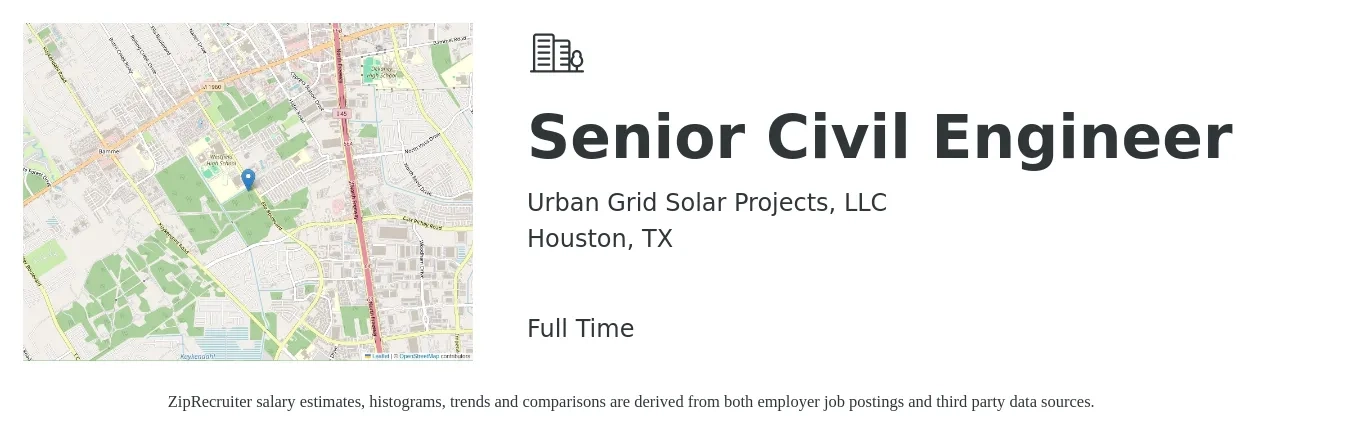 Urban Grid Solar Projects, LLC job posting for a Senior Civil Engineer in Houston, TX with a salary of $82,100 to $122,200 Yearly with a map of Houston location.