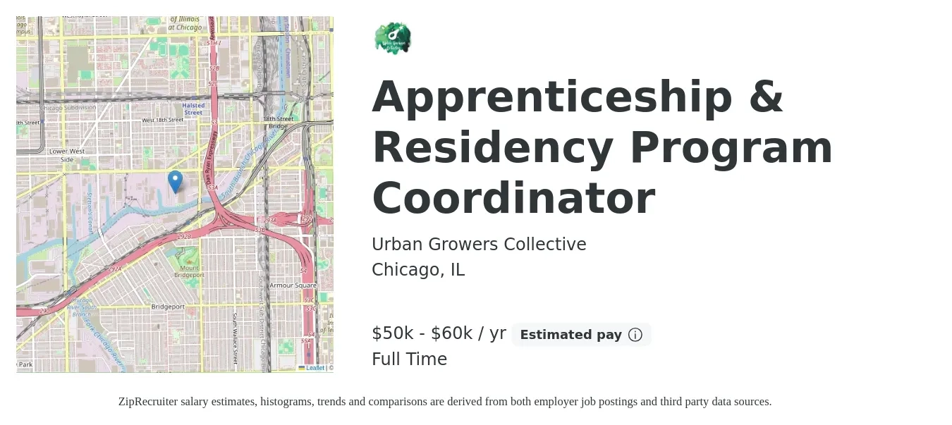 Urban Growers Collective job posting for a Apprenticeship & Residency Program Coordinator in Chicago, IL with a salary of $50,000 to $60,000 Yearly with a map of Chicago location.