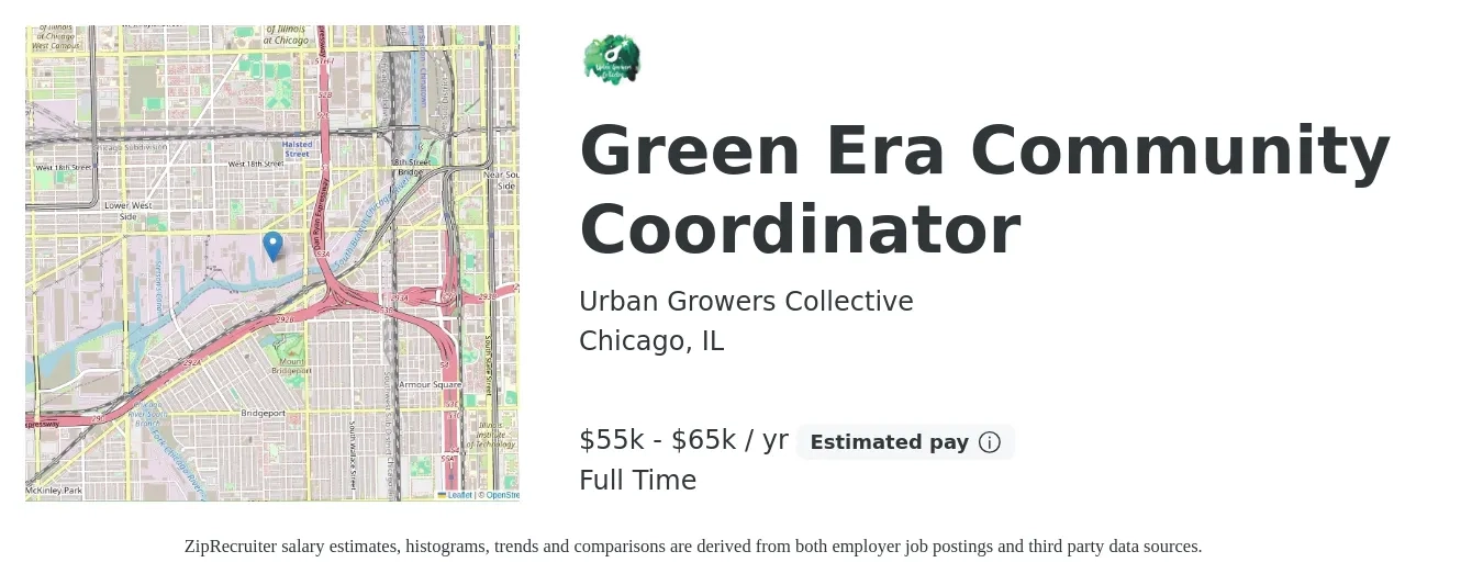 Urban Growers Collective job posting for a Green Era Community Coordinator in Chicago, IL with a salary of $55,000 to $65,000 Yearly with a map of Chicago location.