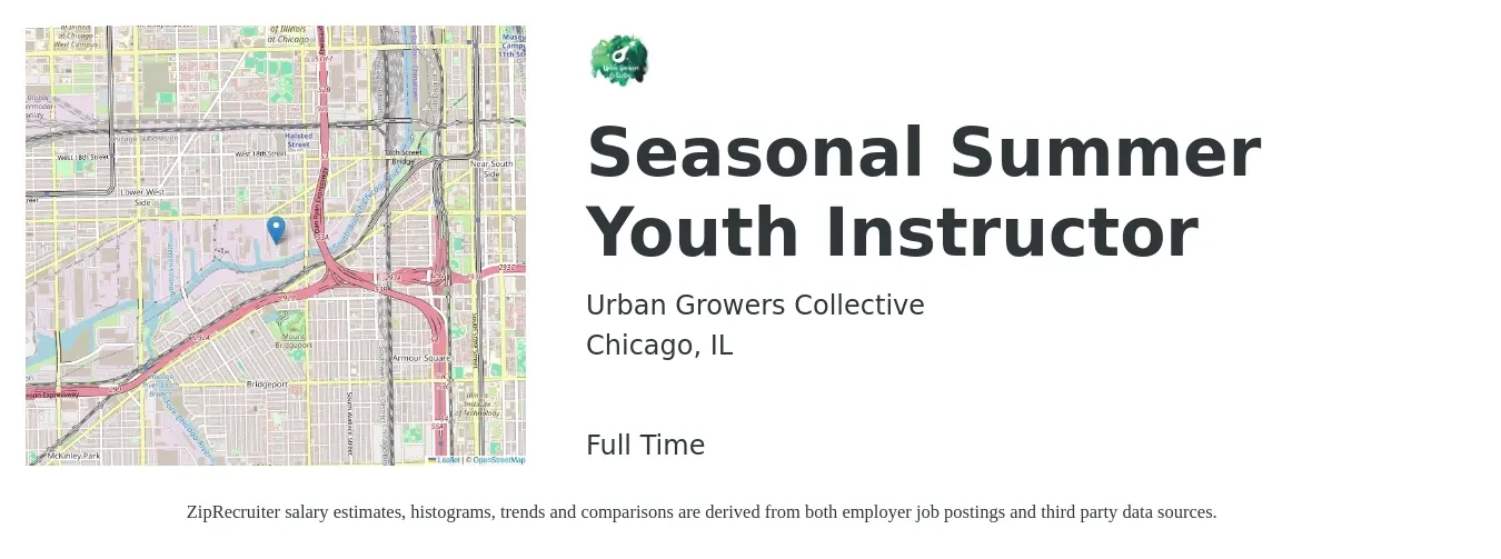 Urban Growers Collective job posting for a Seasonal Summer Youth Instructor in Chicago, IL with a salary of $20 Hourly with a map of Chicago location.