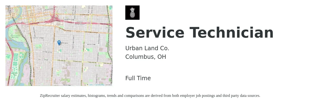 Urban Land Co. job posting for a Service Technician in Columbus, OH with a salary of $19 to $27 Hourly with a map of Columbus location.