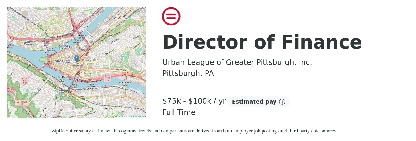Urban League of Greater Pittsburgh, Inc. job posting for a Director of Finance in Pittsburgh, PA with a salary of $75,000 to $100,000 Yearly with a map of Pittsburgh location.