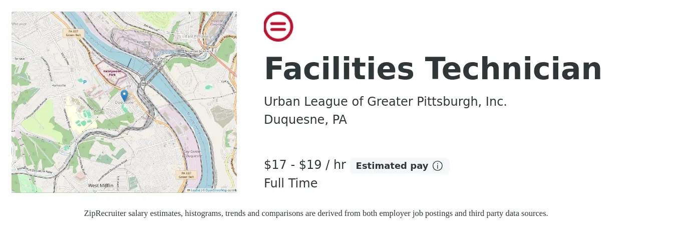 Urban League of Greater Pittsburgh, Inc. job posting for a Facilities Technician in Duquesne, PA with a salary of $18 to $20 Hourly with a map of Duquesne location.
