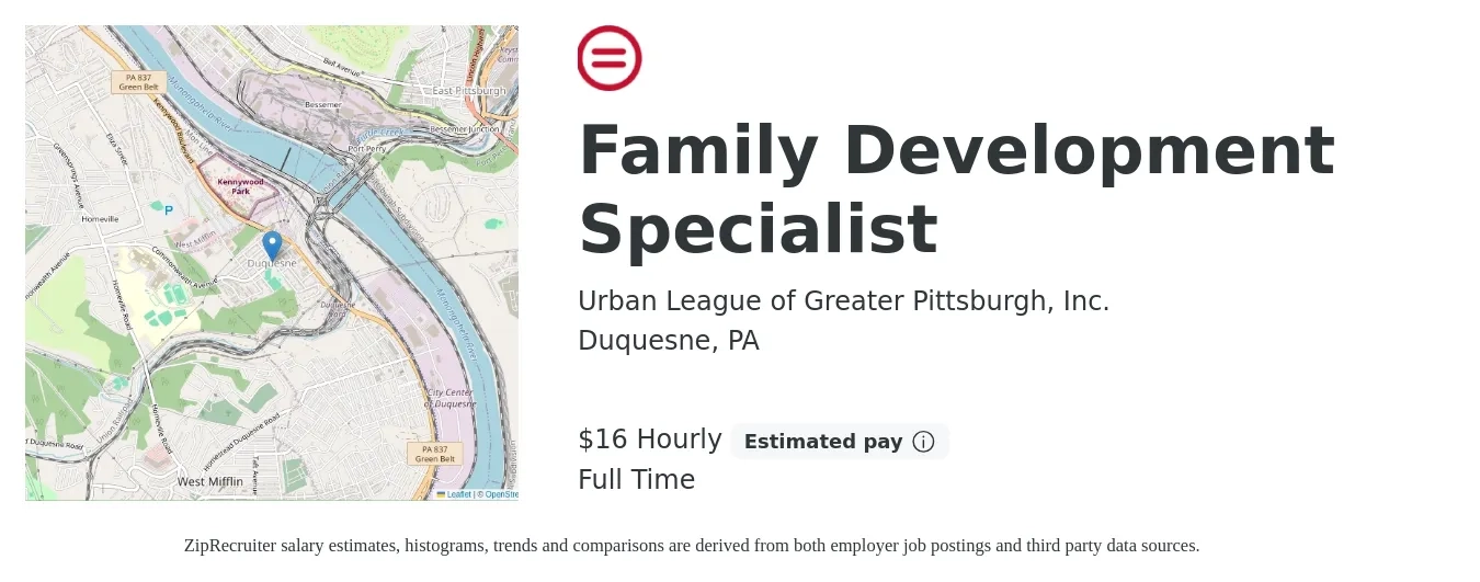 Urban League of Greater Pittsburgh, Inc. job posting for a Family Development Specialist in Duquesne, PA with a salary of $17 Hourly with a map of Duquesne location.