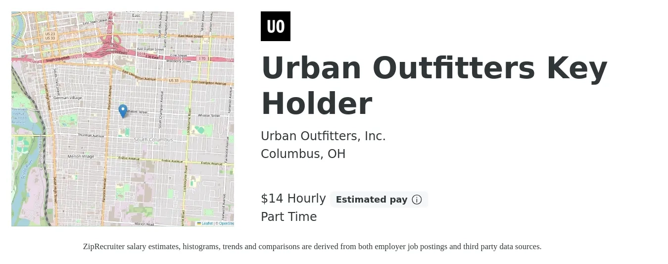 Urban Outfitters, Inc. job posting for a Urban Outfitters Key Holder in Columbus, OH with a salary of $15 Hourly with a map of Columbus location.