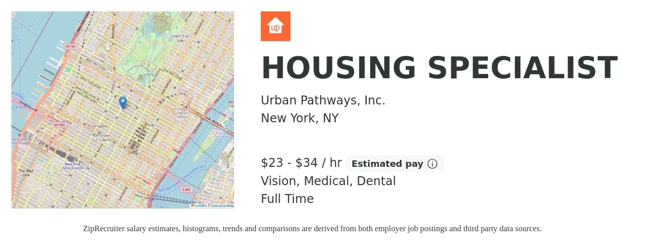 Urban Pathways job posting for a HOUSING SPECIALIST in New York, NY with a salary of $24 to $36 Hourly and benefits including dental, life_insurance, medical, pto, retirement, and vision with a map of New York location.