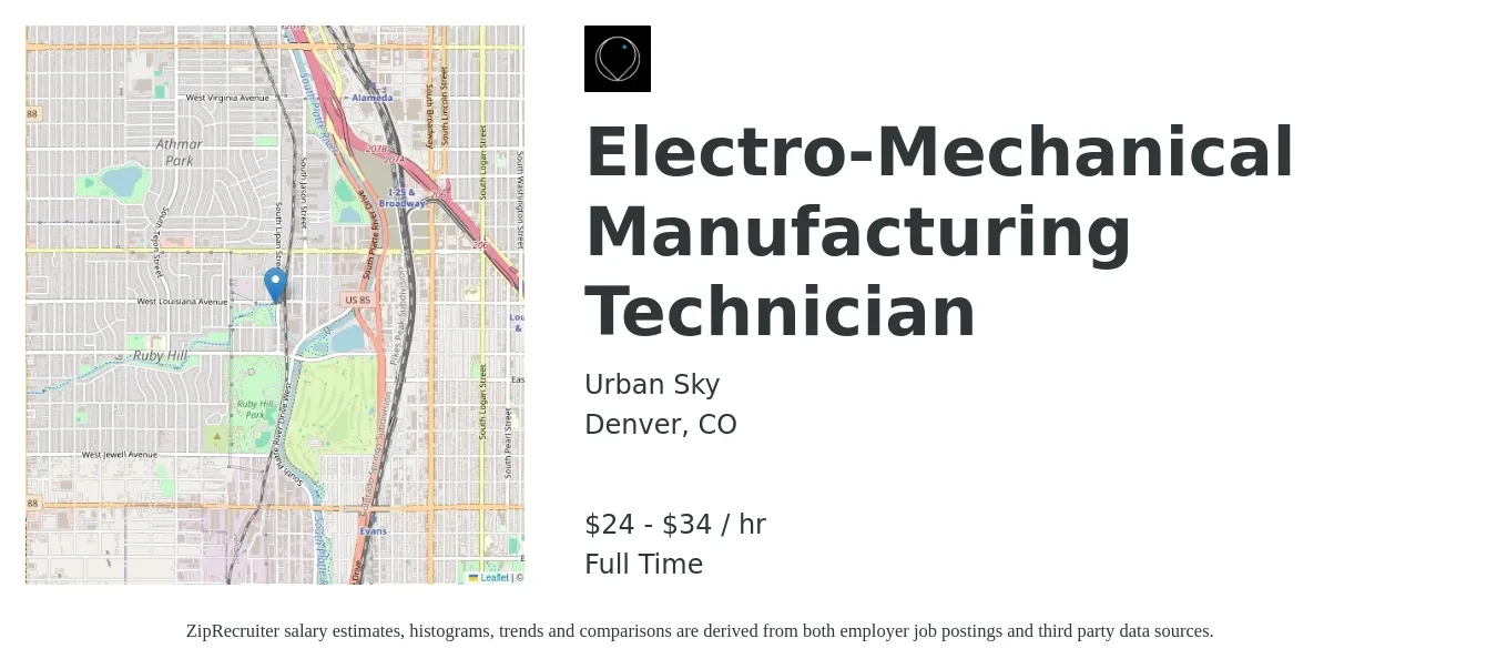 Urban Sky job posting for a Electro-Mechanical Manufacturing Technician in Denver, CO with a salary of $50,000 to $75,000 Yearly with a map of Denver location.