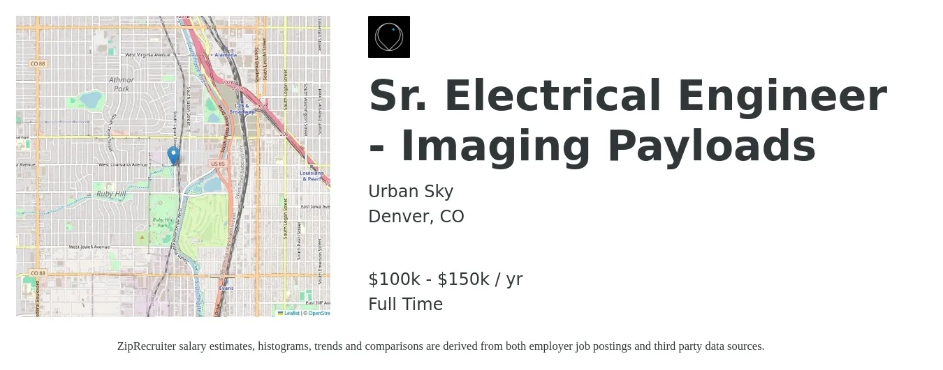 Urban Sky job posting for a Sr. Electrical Engineer - Imaging Payloads in Denver, CO with a salary of $100,000 to $145,002 Yearly with a map of Denver location.