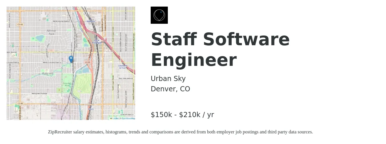 Urban Sky job posting for a Staff Software Engineer in Denver, CO with a salary of $150,000 to $210,000 Yearly with a map of Denver location.