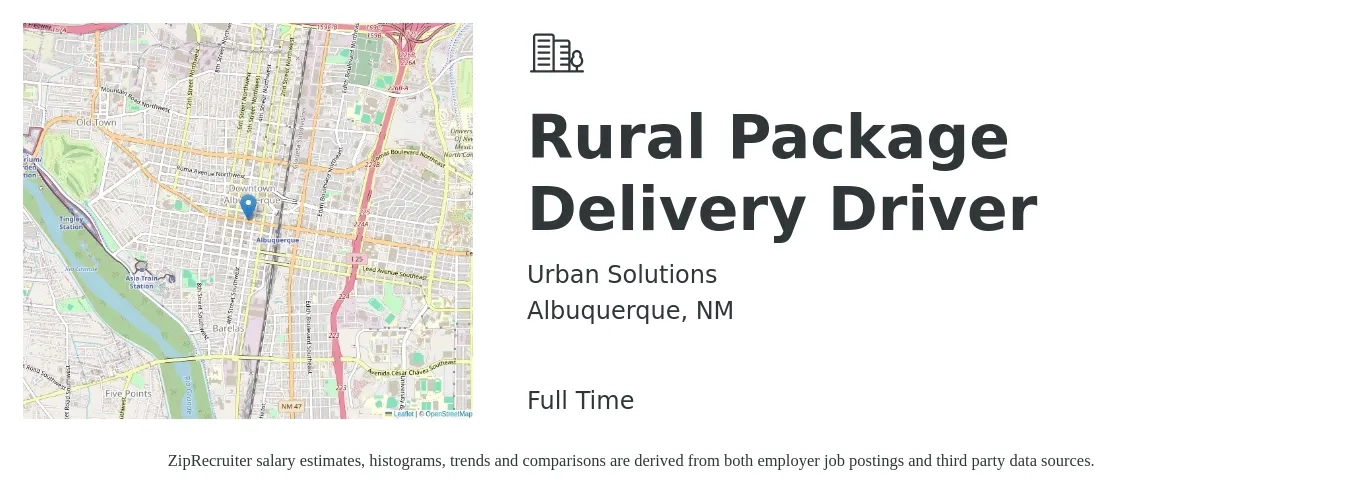 Urban Solutions job posting for a Rural Package Delivery Driver in Albuquerque, NM with a salary of $180 to $200 Daily with a map of Albuquerque location.
