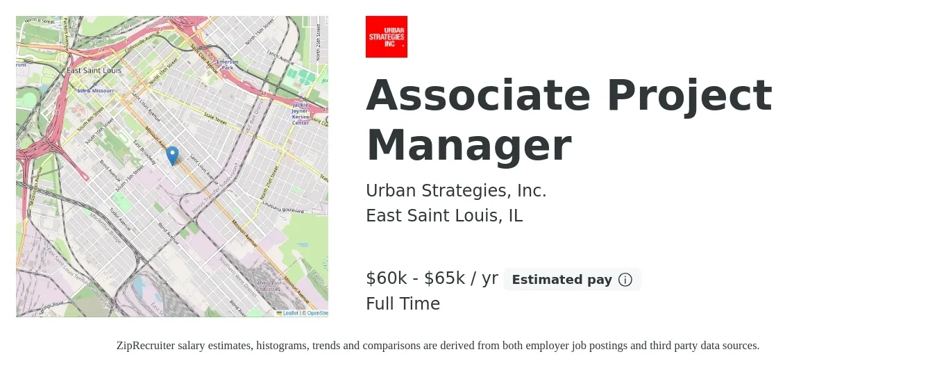 Urban Strategies, Inc. job posting for a Associate Project Manager in East Saint Louis, IL with a salary of $60,000 to $65,000 Yearly with a map of East Saint Louis location.