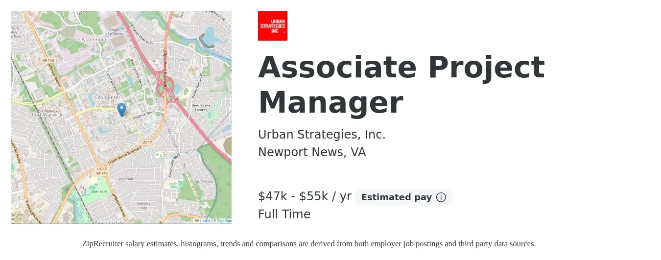 Urban Strategies, Inc. job posting for a Associate Project Manager in Newport News, VA with a salary of $47,000 to $55,000 Yearly with a map of Newport News location.