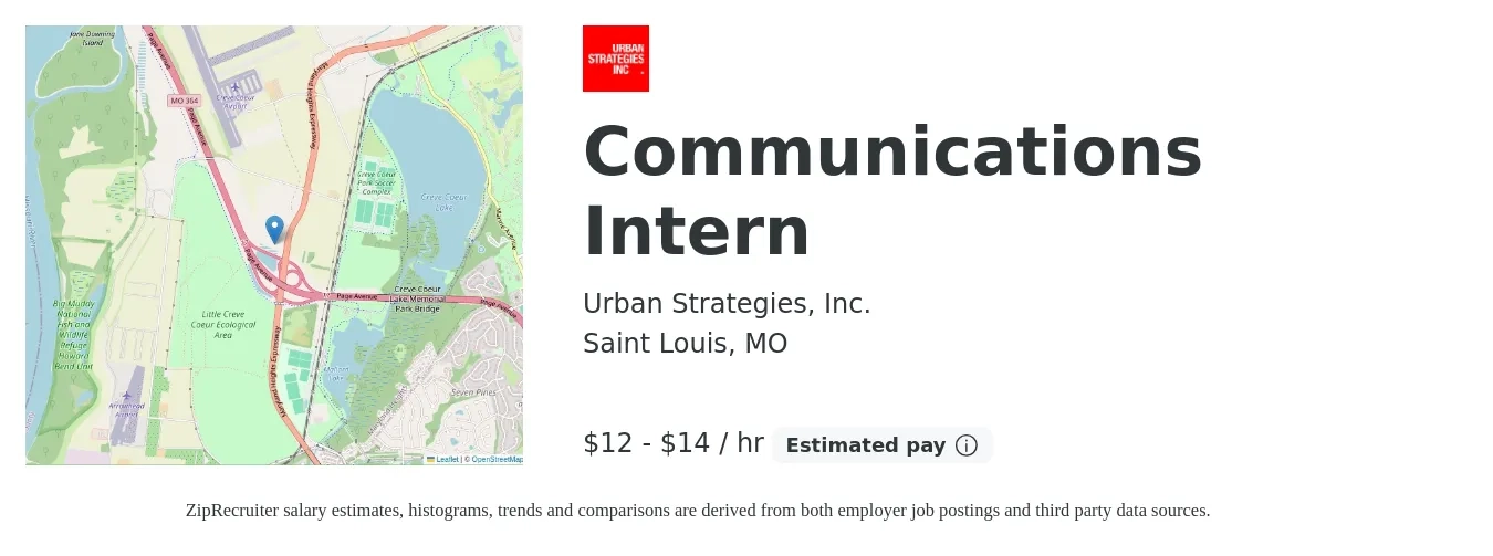 Urban Strategies, Inc. job posting for a Communications Intern in Saint Louis, MO with a salary of $13 to $15 Hourly with a map of Saint Louis location.