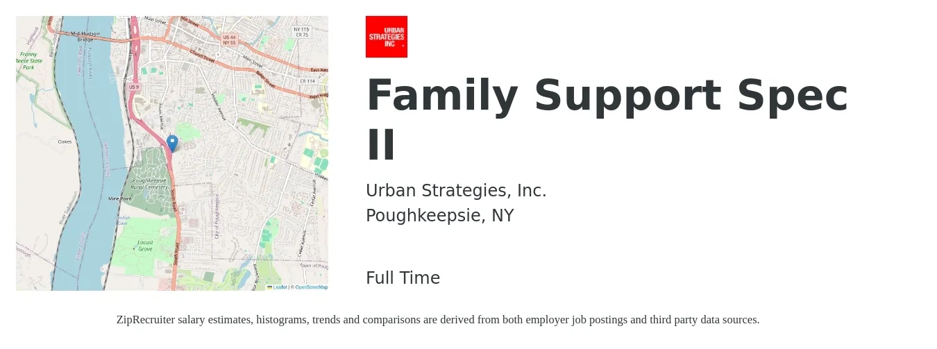 Urban Strategies, Inc. job posting for a Family Support Spec II in Poughkeepsie, NY with a salary of $18 to $23 Hourly with a map of Poughkeepsie location.
