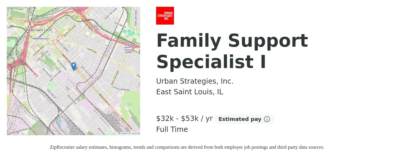 Urban Strategies, Inc. job posting for a Family Support Specialist I in East Saint Louis, IL with a salary of $32,000 to $53,000 Yearly with a map of East Saint Louis location.