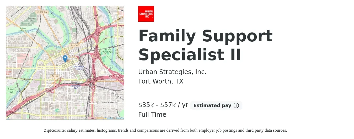 Urban Strategies, Inc. job posting for a Family Support Specialist II in Fort Worth, TX with a salary of $35,000 to $57,000 Yearly with a map of Fort Worth location.