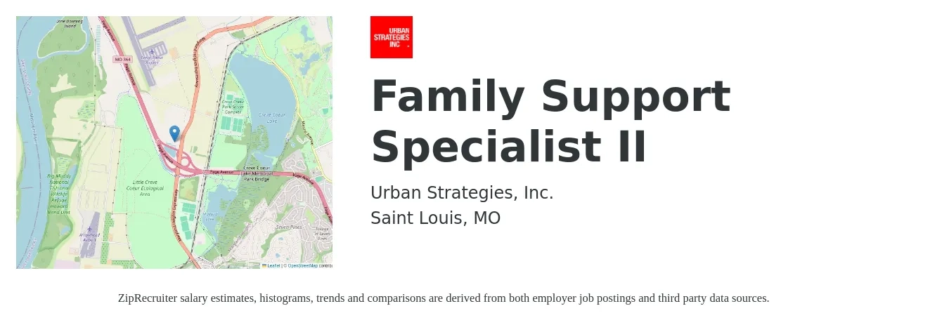 Urban Strategies, Inc. job posting for a Family Support Specialist II in Saint Louis, MO with a salary of $18 to $23 Hourly with a map of Saint Louis location.