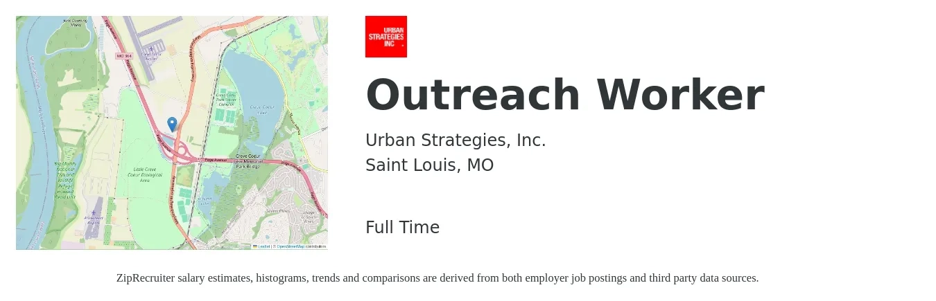 Urban Strategies, Inc. job posting for a Outreach Worker in Saint Louis, MO with a salary of $18 to $22 Hourly with a map of Saint Louis location.
