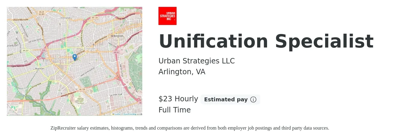 Urban Strategies LLC job posting for a Unification Specialist in Arlington, VA with a salary of $24 Hourly with a map of Arlington location.