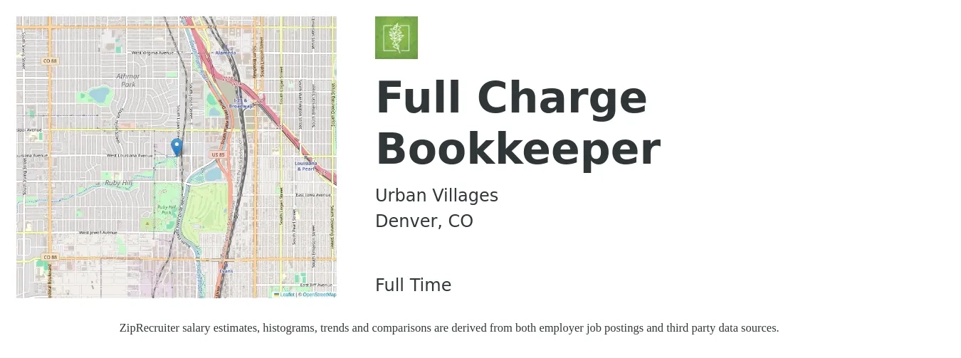 Urban Villages job posting for a Full Charge Bookkeeper in Denver, CO with a salary of $51,500 to $69,000 Yearly with a map of Denver location.