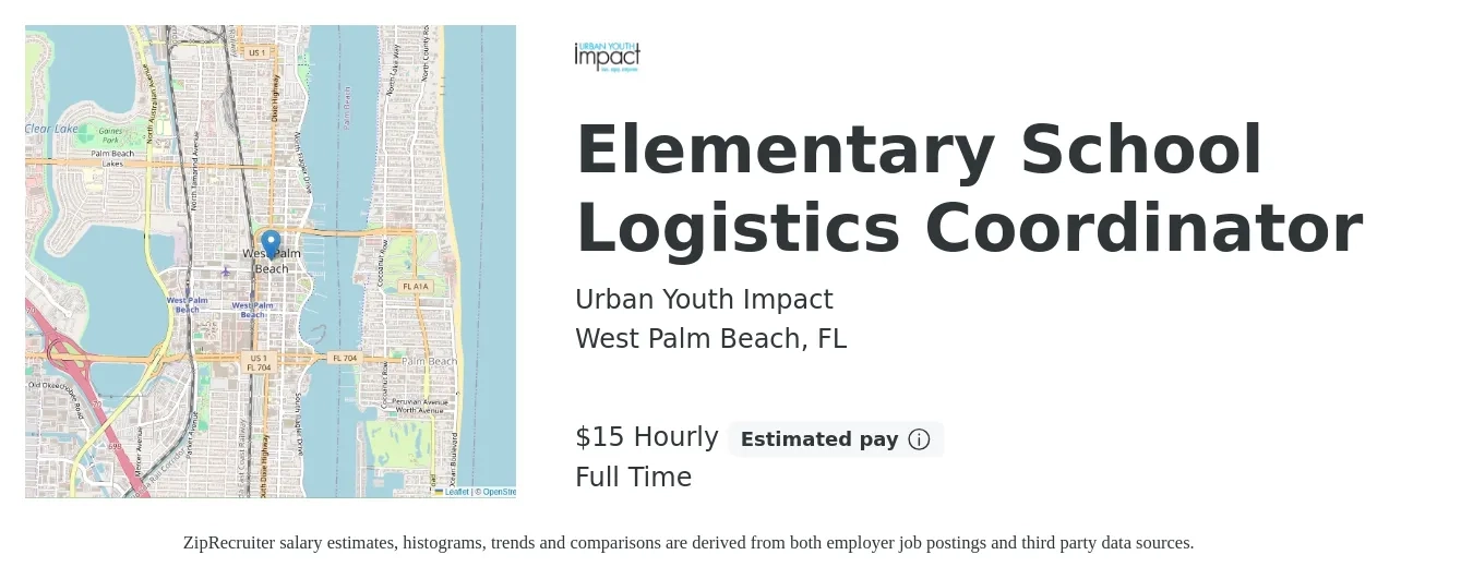 Urban Youth Impact job posting for a Elementary School Logistics Coordinator in West Palm Beach, FL with a salary of $16 Hourly with a map of West Palm Beach location.