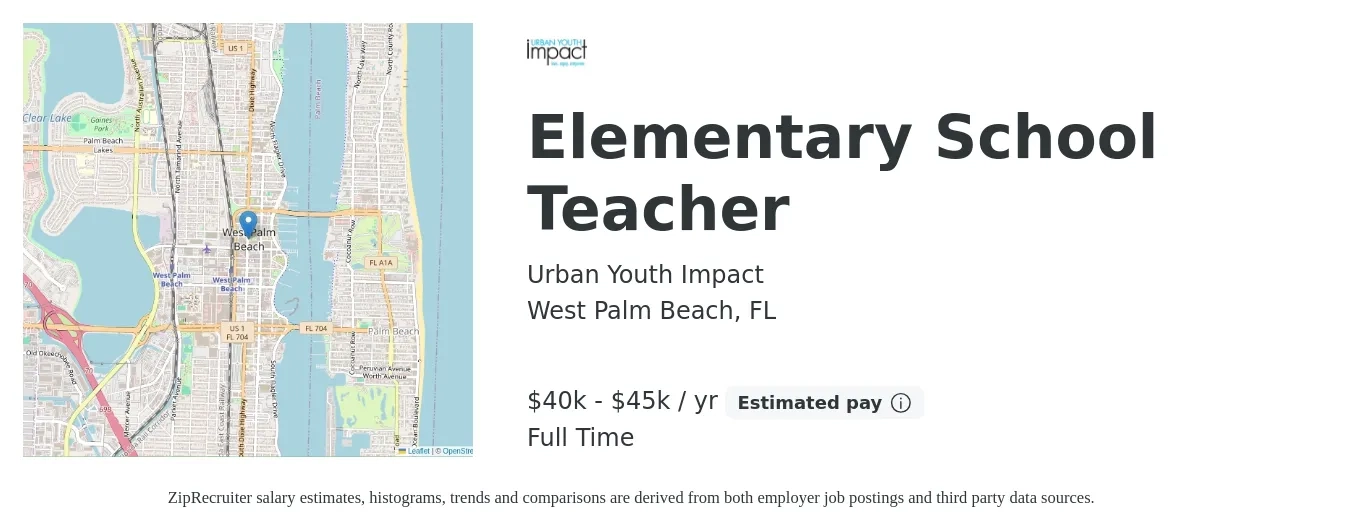 Urban Youth Impact job posting for a Elementary School Teacher in West Palm Beach, FL with a salary of $40,000 to $45,000 Yearly with a map of West Palm Beach location.
