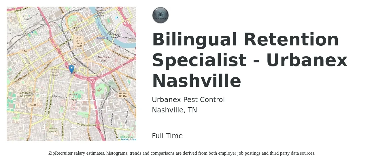 Urbanex Pest Control job posting for a Bilingual Retention Specialist - Urbanex Nashville in Nashville, TN with a salary of $48,300 to $72,000 Yearly with a map of Nashville location.