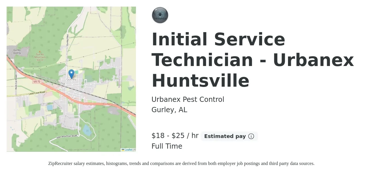 Urbanex Pest Control job posting for a Initial Service Technician - Urbanex Huntsville in Gurley, AL with a salary of $19 to $26 Hourly with a map of Gurley location.