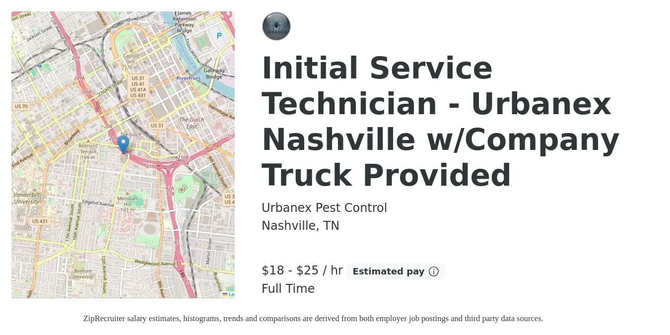 Urbanex Pest Control job posting for a Initial Service Technician - Urbanex Nashville w/Company Truck Provided in Nashville, TN with a salary of $19 to $26 Hourly with a map of Nashville location.