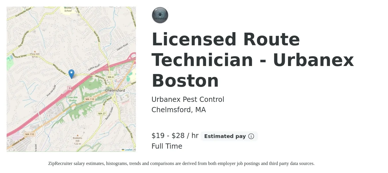 Urbanex Pest Control job posting for a Licensed Route Technician - Urbanex Boston in Chelmsford, MA with a salary of $19 to $26 Hourly with a map of Chelmsford location.