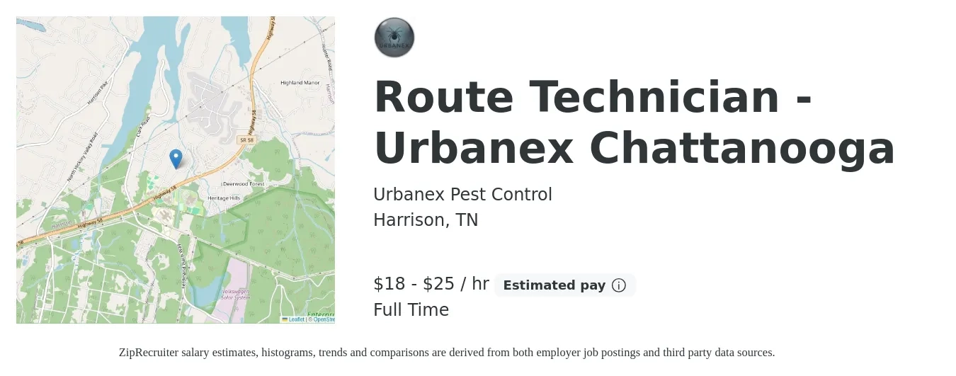 Urbanex Pest Control job posting for a Route Technician - Urbanex Chattanooga in Harrison, TN with a salary of $19 to $26 Hourly with a map of Harrison location.