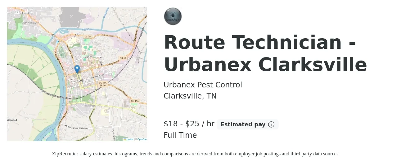 Urbanex Pest Control job posting for a Route Technician - Urbanex Clarksville in Clarksville, TN with a salary of $19 to $26 Hourly with a map of Clarksville location.
