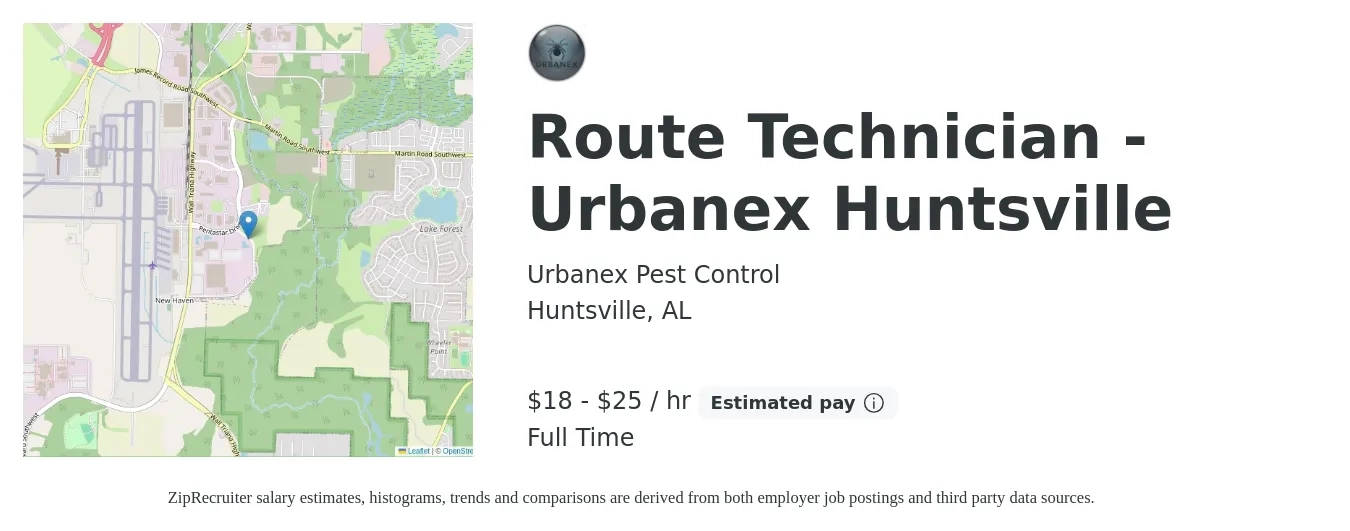 Urbanex Pest Control job posting for a Route Technician - Urbanex Huntsville in Huntsville, AL with a salary of $19 to $26 Hourly with a map of Huntsville location.