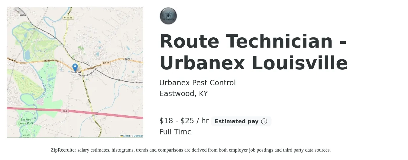 Urbanex Pest Control job posting for a Route Technician - Urbanex Louisville in Eastwood, KY with a salary of $19 to $26 Hourly with a map of Eastwood location.