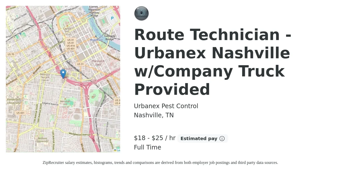 Urbanex Pest Control job posting for a Route Technician - Urbanex Nashville w/Company Truck Provided in Nashville, TN with a salary of $19 to $26 Hourly with a map of Nashville location.